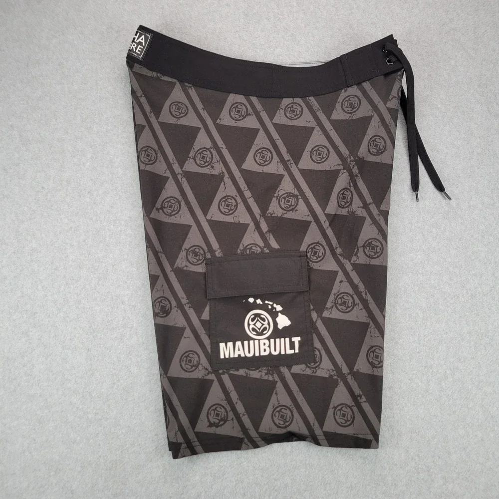 MauiBuilt Board Shorts Mens 32 Black Red Tribal Fishhook Floral Surf Trunks